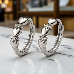 Minimalist Hoop Heart Earrings S925 Sterling Silver Dainty Zirconia Gift